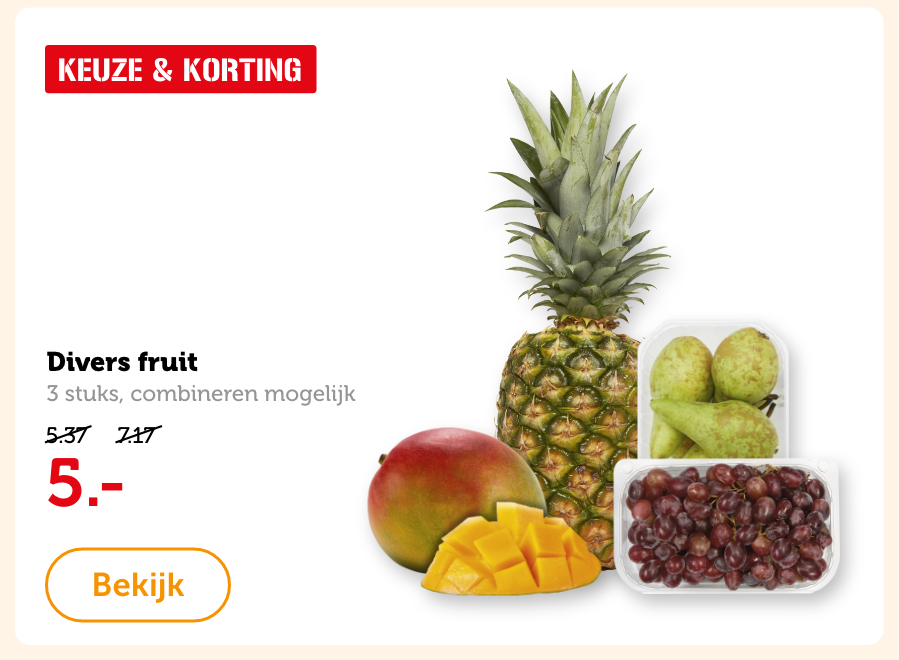 Divers fruit, 3 stuks, combineren mogelijk. Van 5.37/7.17 voor 5.-