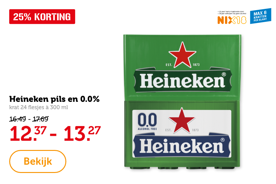 Heineken pils en 0.0%, krat 24 flesjes à 300 ml. 25% KORTING