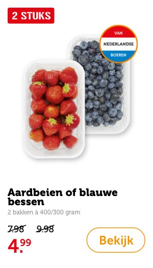 Aardbeien of blauwe bessen, 2 bakken à 400/300 gram. Van 7.98/9.98 voor 4.99