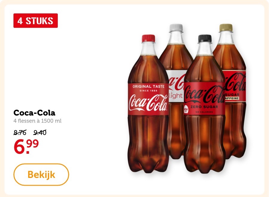 Coca-Cola, 4 flessen à 1500 ml. Van 8.76/9.40 voor 6.99