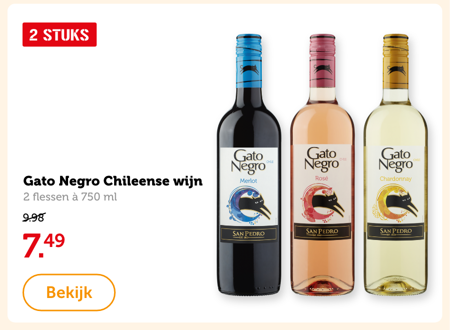 Gato Negro Chileense wijn, 2 flessen à 750 ml. Van 9.98 voor 7.49