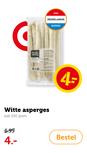 Witte asperges, pak à 500 gram. Van 6.99 voor 4.-