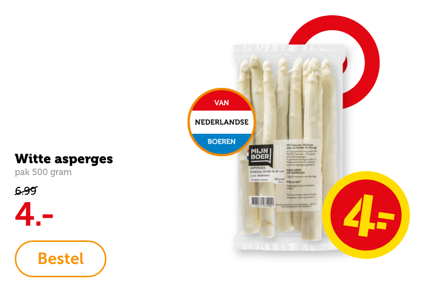 Witte asperges, pak à 500 gram. Van 6.99 voor 4.-