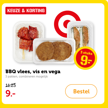 BBQ vlees, vis en vega, 3 pakken, combineren mogelijk. 3 stuks: 9.-