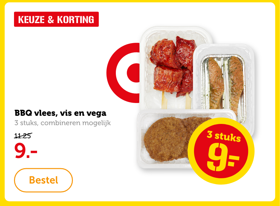 BBQ vlees, vis en vega, 3 pakken, combineren mogelijk. 3 stuks: 9.-