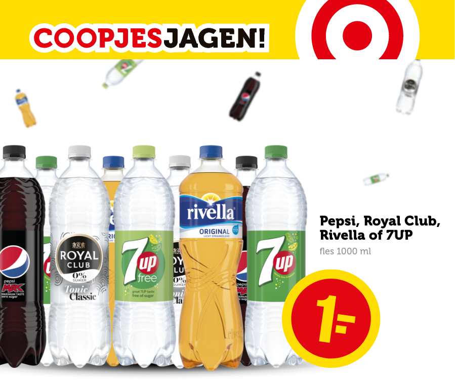 Coopjesjagen! Pepsi, Royal Club, Rivella of 7UP, fles 1000 ml: 1.-