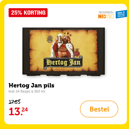 Hertog Jan Pils, krat 24 flessen à 300 ml. Van 17.65 voor 13.24