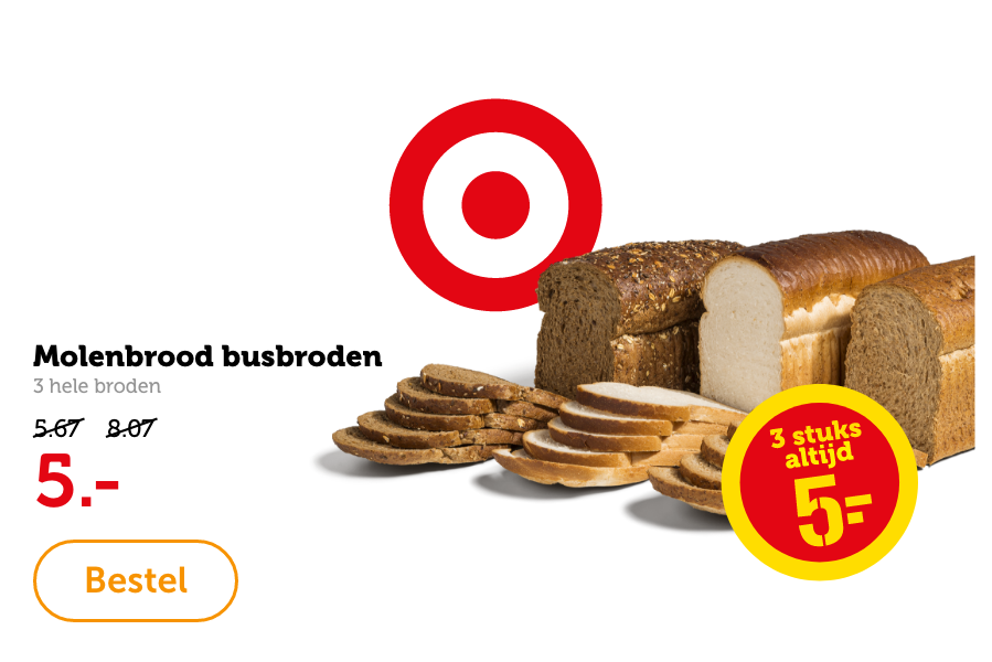 Molenbrood busbroden, 3 hele broden. Van 5.67/8.07 voor 5.-