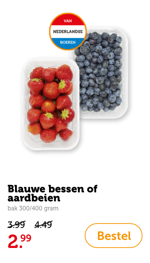 Blauwe bessen of aardbeien, bak 300/400 gram. Van 3.99/4.49 voor 2.99