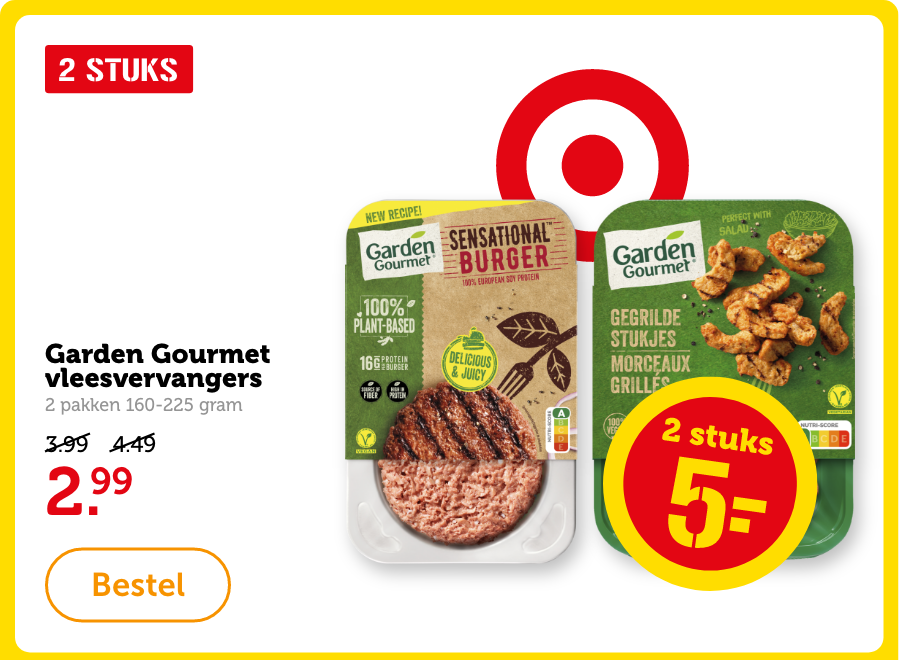 Garden Gourmet vleesvervangers, 2 pakken 160-225 gram. Van 3.99/4.49 voor 2.99