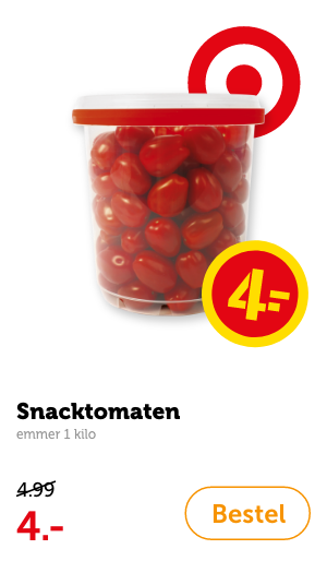 Snacktomaten, emmer 1 kilo. Van 4.99 voor 4.-