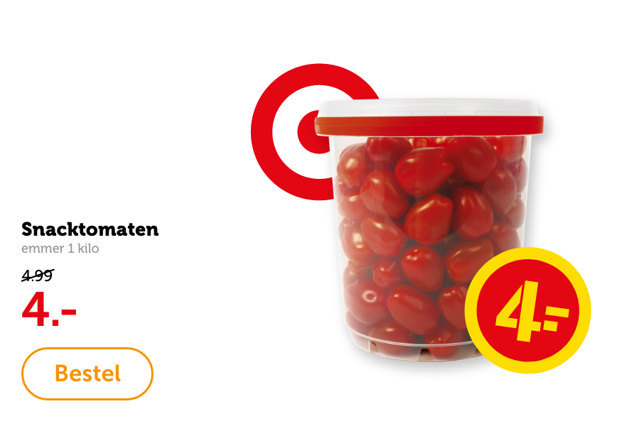 Snacktomaten, emmer 1 kilo. Van 4.99 voor 4.-