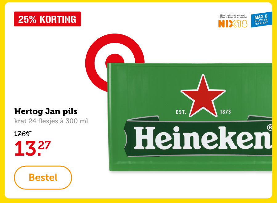 Heineken pils, krat 24 flesjes à 300 ml. Van 17.69 voor 13.27