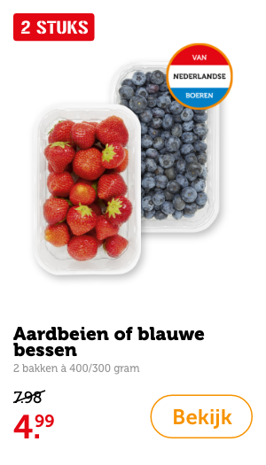 Aardbeien of blauwe bessen, 2 bakken à 400/300 gram. Van 7.98 voor 4.99