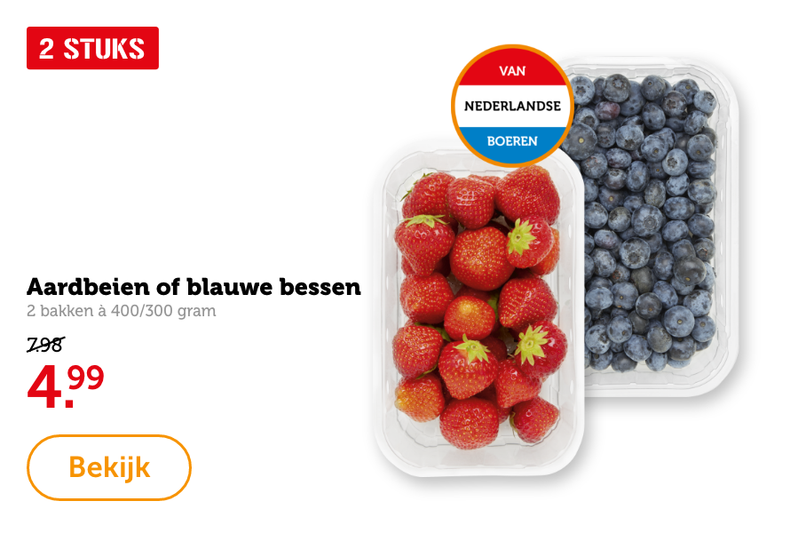 Aardbeien of blauwe bessen, 2 bakken à 400/300 gram. Van 7.98 voor 4.99