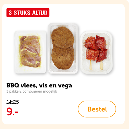 BBQ vlees, vis en vega, 3 pakken, combineren mogelijk. Van 11.25 voor 9.-