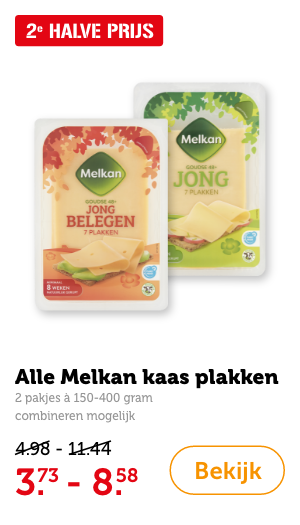 Alle Melkan kaas plakken, 2 pakken à 150-400 gram, combineren mogelijk. 2e HALVE PRIJS