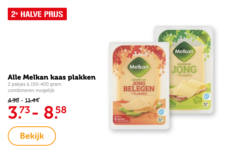 Alle Melkan kaas plakken, 2 pakken à 150-400 gram, combineren mogelijk. 2e HALVE PRIJS