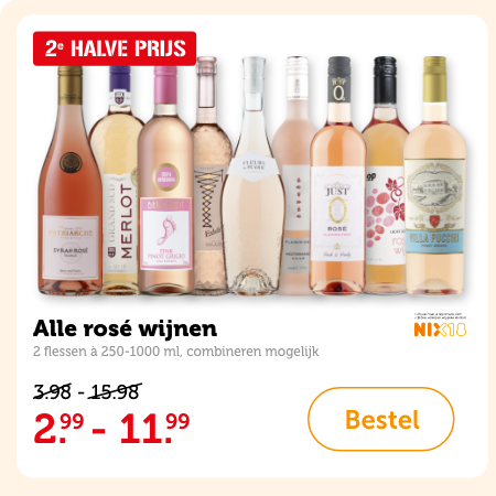 Alle rosé wijnen, 2 flessen à 250-1000 ml, combineren mogelijk. 2e HALVE PRIJS