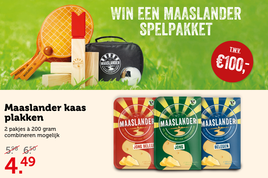 Maaslander kaas plakken, 2 pakjes à 200 gram, combineren mogelijk. Van 5.98/6.50 voor 4.49. Win een Maaslander spelpakket t.w.v. 100.-