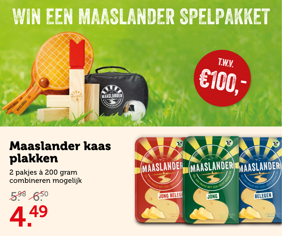 Maaslander kaas plakken, 2 pakjes à 200 gram, combineren mogelijk. Van 5.98/6.50 voor 4.49. Win een Maaslander spelpakket t.w.v. 100.-