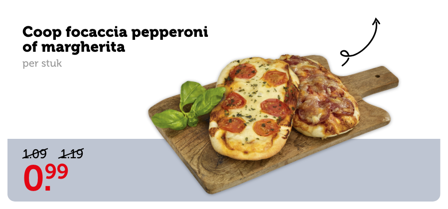 Coop focaccia pepperoni of margherita, per stuk. Van 1.09/1.19 voor 0.99