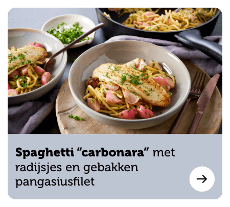 Spaghetti Carbonara met radijsjes en gebakken pangasiusfilet