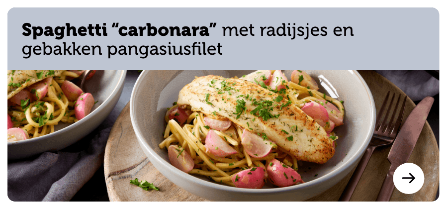 Spaghetti Carbonara met radijsjes en gebakken pangasiusfilet