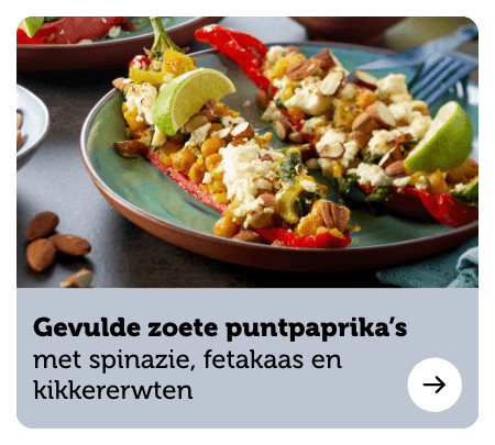 Gevulde zoete puntpaprika’s met spinazie, fetakaas en kikkererwten