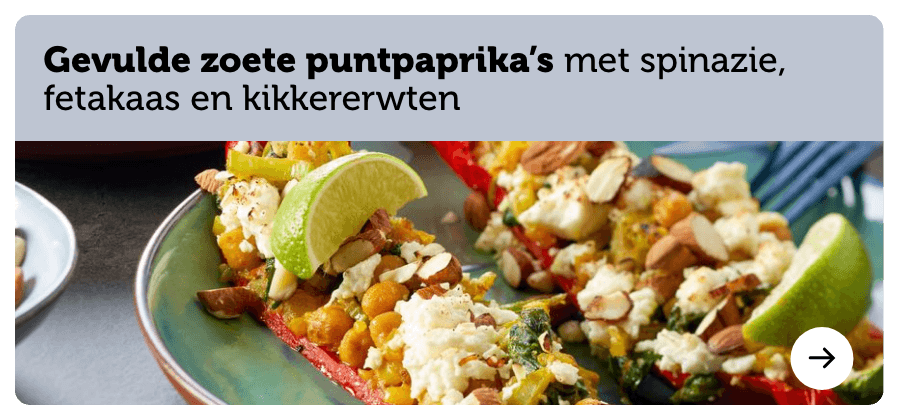 Gevulde zoete puntpaprika’s met spinazie, fetakaas en kikkererwten