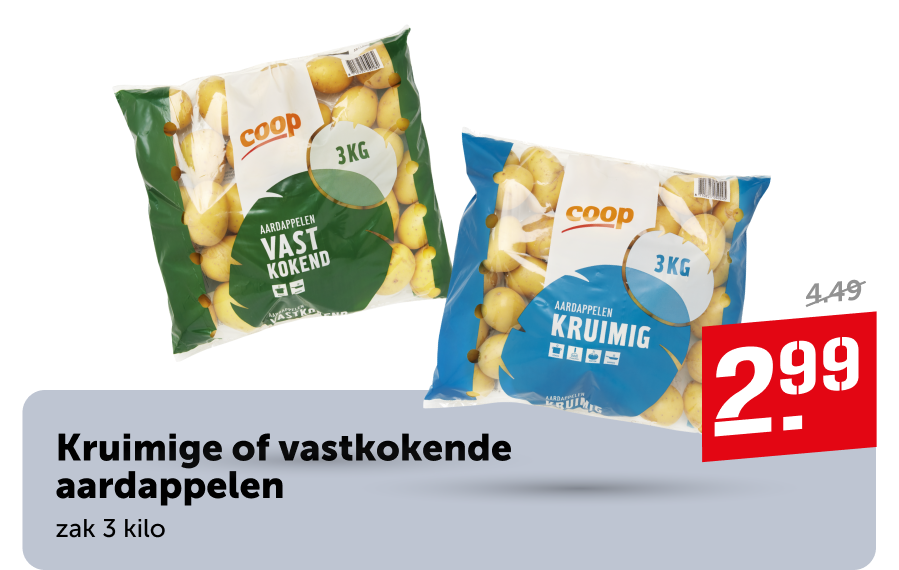 Kruimige of vastkokende aardappelen, zak 3 kilo. Van 4.49 voor 2.99