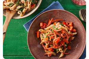 Pasta met spinazie en vega spekjes