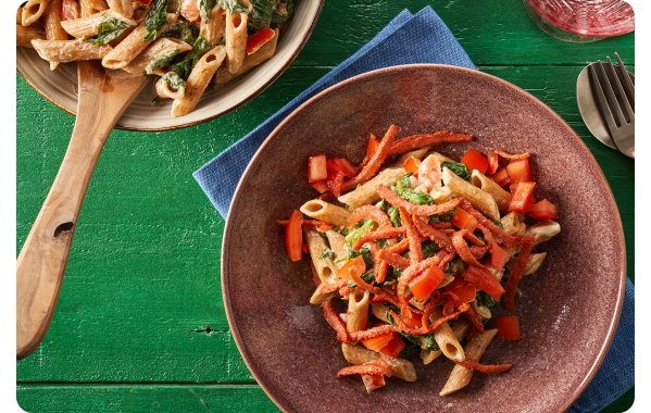 Pasta met spinazie en vega spekjes