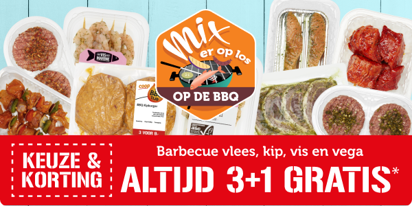 Barbecue vlees, kip, vis en vega: ALTIJD 3 + 1 GRATIS*