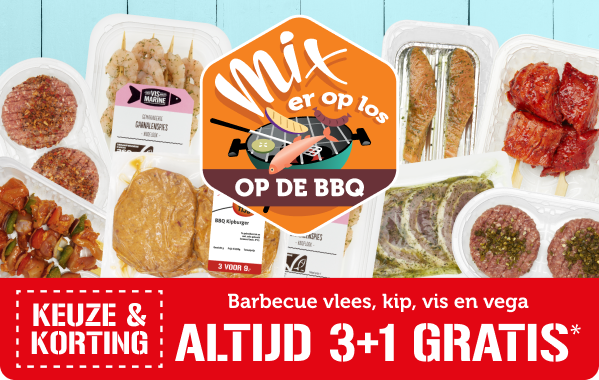 Barbecue vlees, kip, vis en vega: ALTIJD 3 + 1 GRATIS*