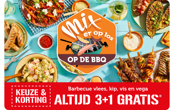 KEUZE & KORTING. Barbecue vlees, kip, vis en vega. ALTIJD 3+1 GRATIS*