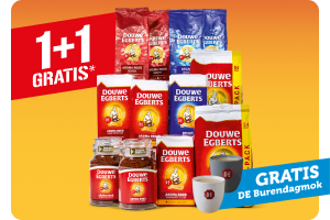 Douwe Egberts aroma rood of décafe snelfiltermaling, bonen, koffiepads of oploskoffie 1 + 1 GRATIS