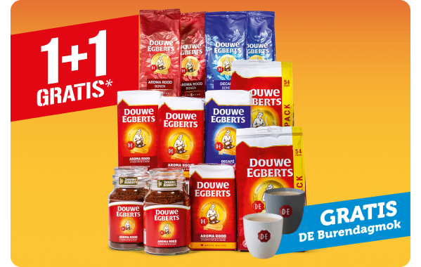 Douwe Egberts aroma rood of décafe snelfiltermaling, bonen, koffiepads of oploskoffie 1 + 1 GRATIS