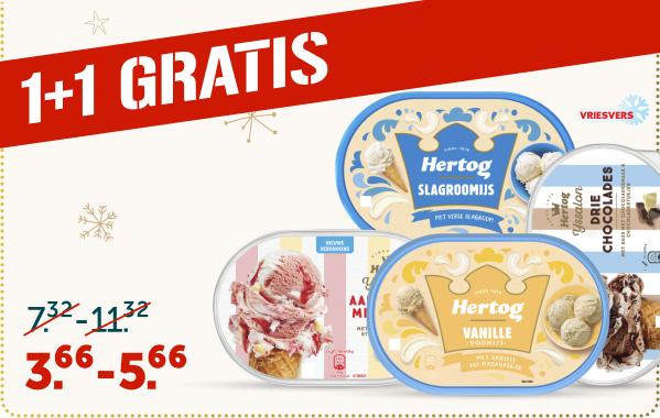 Bijvoorbeeld Hertog ijs, 2 bakken van 825/900 ml, nu 1+1 gratis!