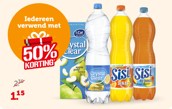 Crystal Clear of Sisi, alle flessen of pakken à 1.5 liter, nu voor de helft van de prijs! 