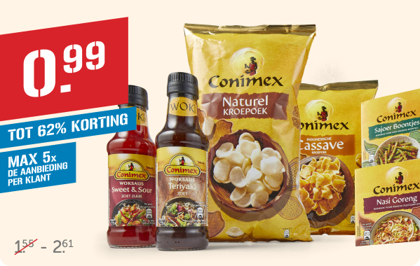 Conimex Kroepoek, boemboe of woksaus nu voor maar 0,99 per stuk!| Tot 62% korting | Max 5x de aanbieding per klant
