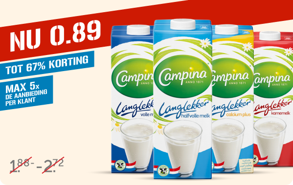 Campina melk nu voor €0.89 | Tot 67% korting