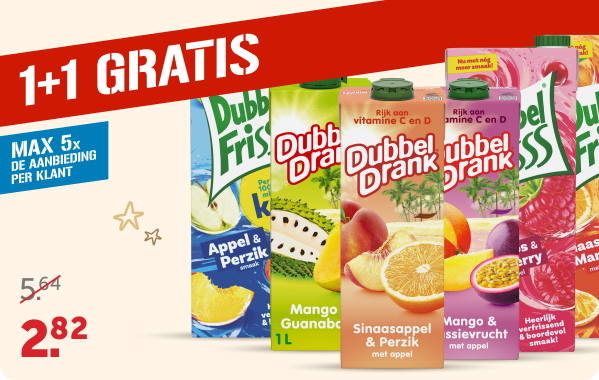 1+1 gratis op alle Dubbelfris en Dubbeldrank