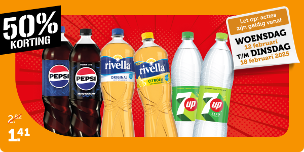 50% korting op Pepsi, Rivella of 7up | Let op: acties zijn geldig vanaf woensdag 12 februari t/m dinsdag 18 februari 2025