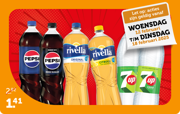 50% korting op Pepsi, Rivella of 7up | Let op: acties zijn geldig vanaf woensdag 12 februari t/m dinsdag 18 februari 2025