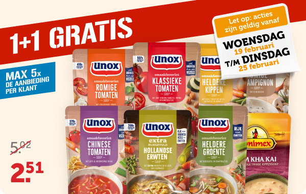 Unox & Conimex Soep in zak 1+1 gratis | Let op: acties zijn geldig vanaf woensdag 19 februari t/m dinsdag 25 februari 2025