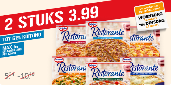 Dr Oetker Ristorante pizza's, nu 2 stuks voor maar €3,99 | De weekacties zijn geldig vanaf woensdag 12 maart t/m dinsdag 18 maart