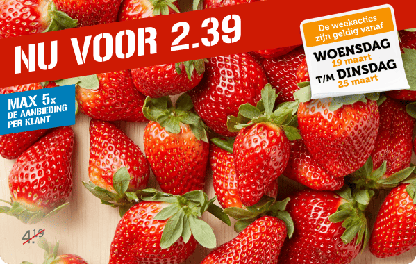 PLUS Aardbeien, 400 gram nu voor slechts €2.39 | De weekacties zijn geldig vanaf woensdag 19 maart t/m dinsdag 25 maart