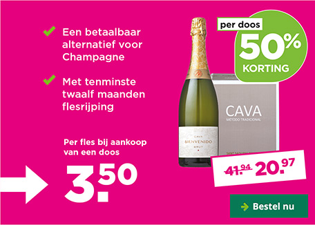 Bienvenido Cava Brut | per doos 50% korting | van 41.94 voor 20.97 | Per fles bij aankoop van een doos 3.50 | Bestel nu