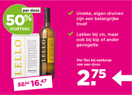 Lello Duoro Wit | per doos 50% korting | van 32.94 voor 16.47 | Per fles bij aankoop van een doos 2.75